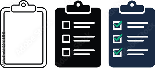 Photos Clipboard checklist icon set featuring survey questionnaire and task management