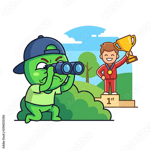 Jealous Cartoon Character Looking at Another Person Success Vector Illustration