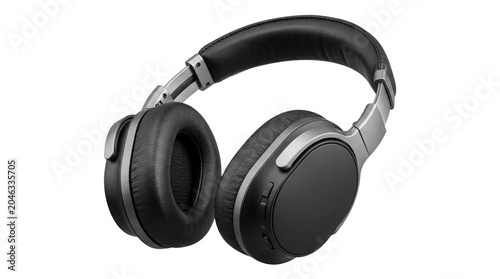 Foto Modern wireless black leather headphones over ear style isolated on transparent background png resources
