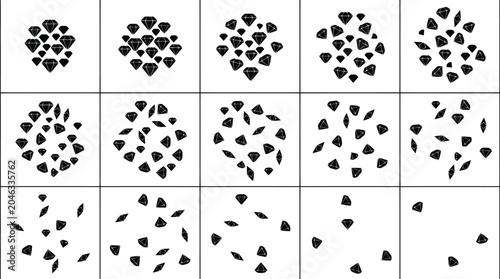 Foto Animation sequence of black diamonds scattering and shrinking on white backgroun