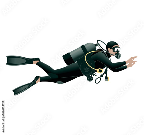 scuba diver in black wetsuit swimming underwater with flippers and oxygen tank isolated on a transparent background.