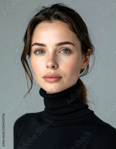 Portrait of young woman with dark hair and serious expression.