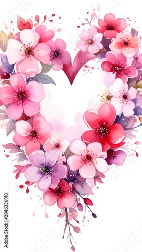 A heart-shaped arrangement of pink and red flowers on a white background
