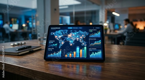 Modern tablet showing global business dashboard with charts and maps on office desk.