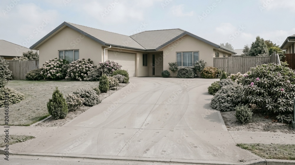 Fototapeta premium Volcanic ash on driveway, Residential garden after eruption, Property cleanup concept, Home insurance risk, Clean suburban stock photo