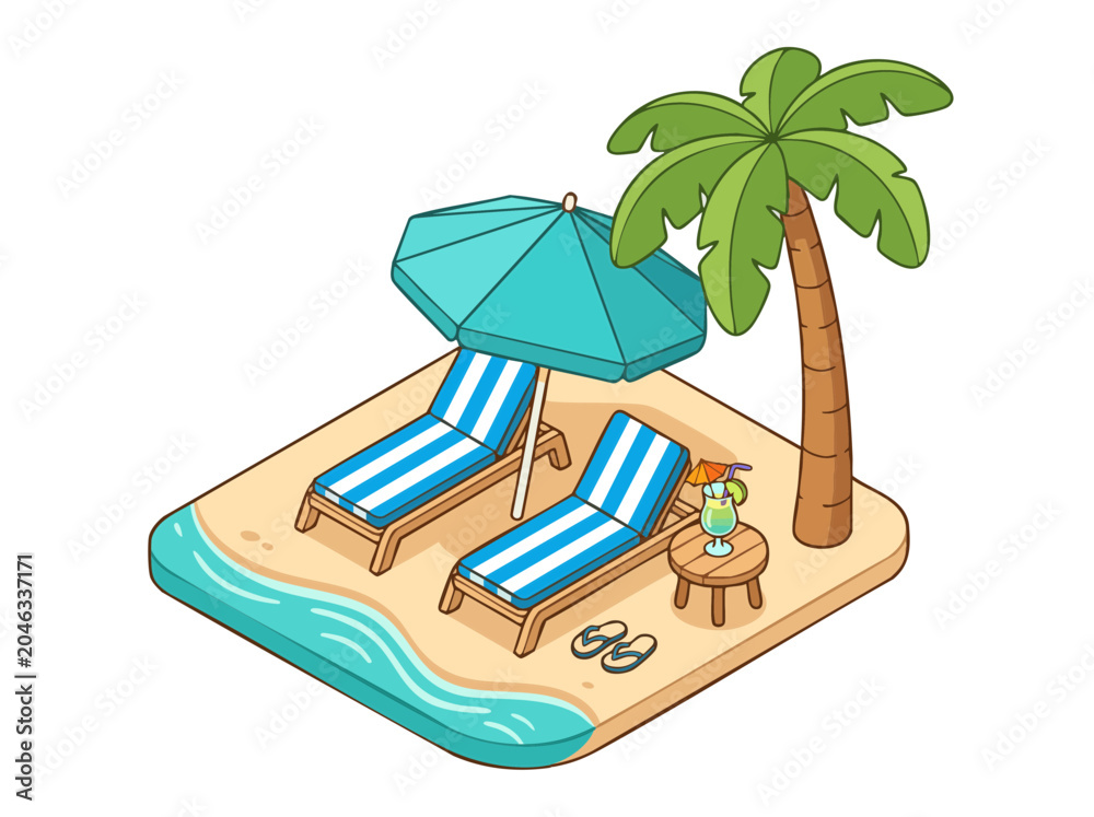 Fototapeta premium Isometric Tropical Beach Scene with Deck Chairs and Palm Tree