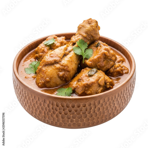 Spicy chicken curry pieces garnished with fresh green cilantro leaves in a textured brown ceramic bowl isolated on a transparent background