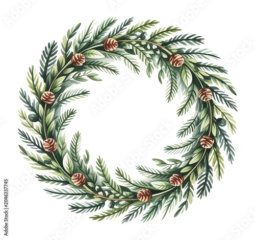 Watercolor Christmas wreath with green leaves and cones  isolated on a transparent background.