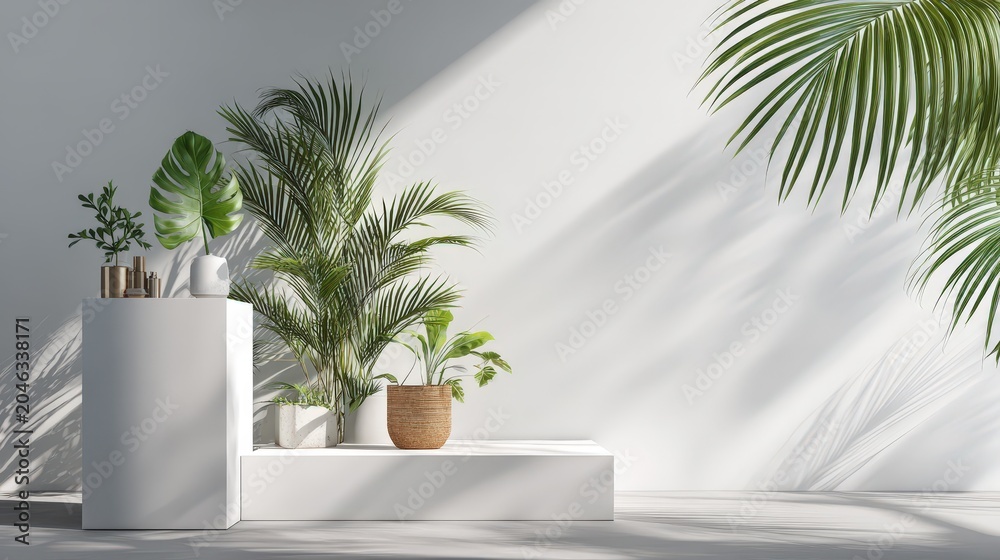Fototapeta premium Backdrop Studio Background Shadow White Light Podium Floor Plant Product Wall Pattern Abstract Kitchen Shadow Leaf Table Product 3d Bg Minimal Mockup Platform Kitchen Loft Grey.