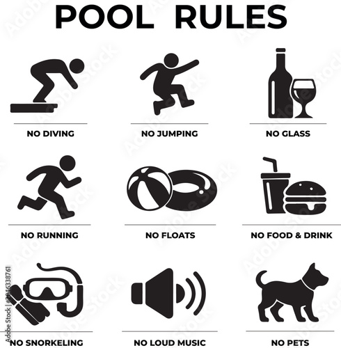Pool rules icons set clear safety guidelines for swimming pools vector illustrations for signage and information boards