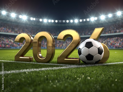 Soccer Ball on Stadium Field with 2023 Gold Numbers