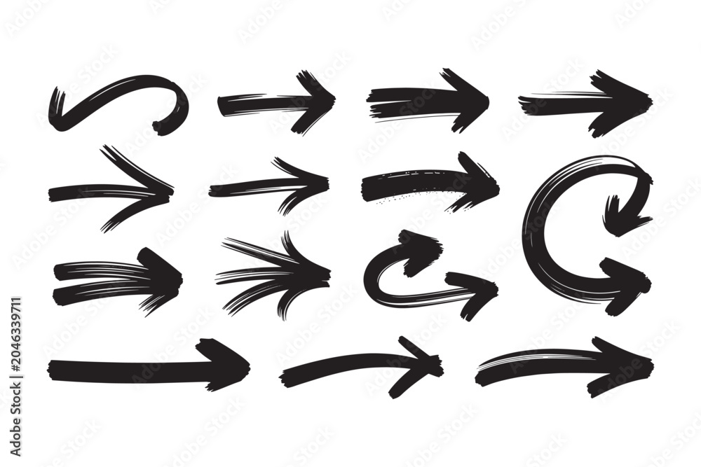 Fototapeta premium Collection of fifteen hand drawn black brush stroke arrows in various styles and directions on a white background