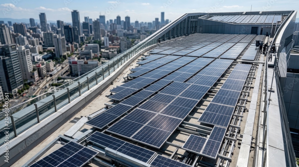Naklejka premium Expansive Rooftop Solar Panel Array Generating Clean Energy Above a Bustling Urban Cityscape