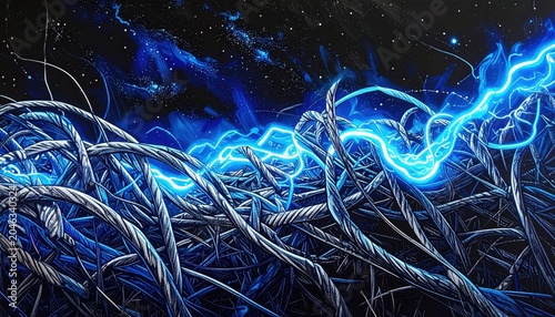 Electric blue light vines weaving through metallic strands under a starry night sky