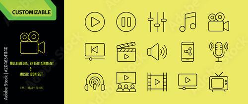 Multimedia, entertainment and music line icon set