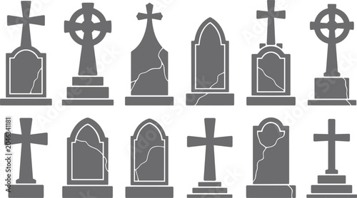 Foto Collection of diverse grey gravestone silhouettes with cracks and crosses creates a somber mood on a white background