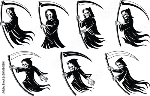 Foto Set of seven menacing grim reaper vector illustrations in various spooky poses holding a sharp scythe on white background