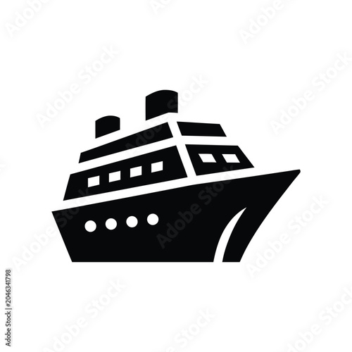 Minimalist black of a large cruise ship with two smokestacks and four portholes on a white background, representing maritime travel, ocean voyages, and luxury vacation transportation concepts