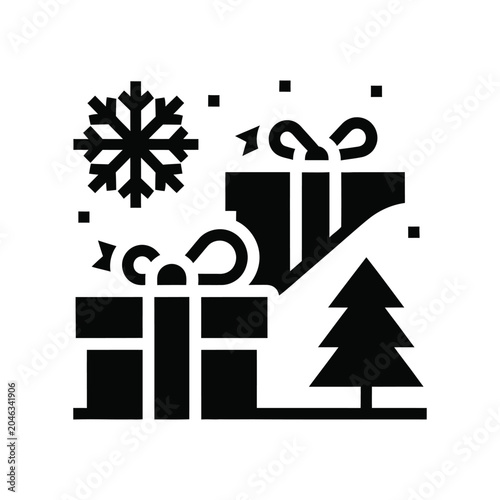 Festive black depicting two wrapped gift boxes with bows and a small christmas tree, accompanied by a snowflake symbol, isolated on a white background, representing holiday celebrations and giving