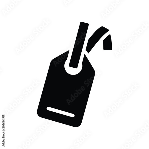 Solid black of a rectangular price tag with a string loop at the featuring a horizontal slit at the bottom, isolated on a white background, representing retail, shopping, and sales