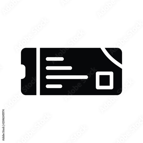 Black of a rectangular ticket with a rounded corner and a square stamp or barcode area, isolated on a white background, representing travel, events, admission, and transportation services