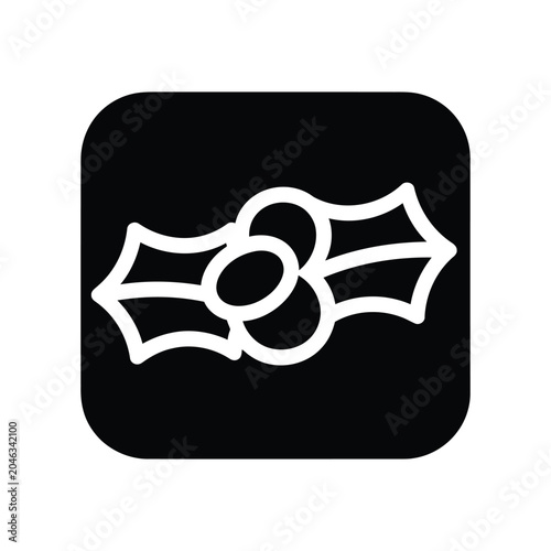 Minimalist black and white featuring a stylized holly berry sprig with two leaves and three berries, enclosed within a rounded square frame, holiday season projects