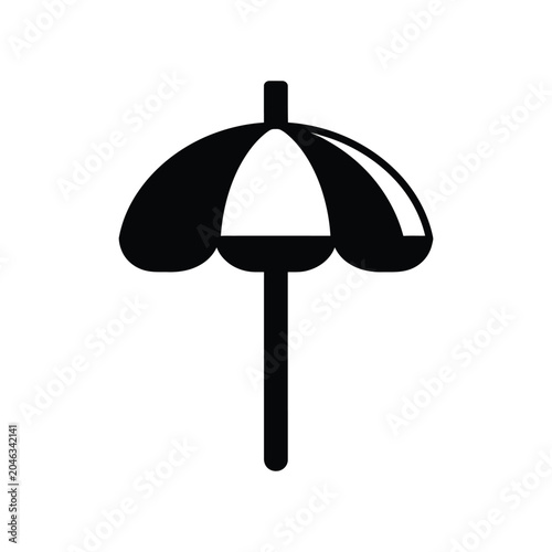 Solid black silhouette of a beach umbrella with a rounded canopy and a central pole, representing summer, vacation, sun protection, and seaside leisure activities on a white background