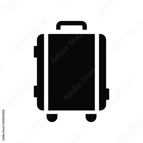 Solid black silhouette of a rectangular travel suitcase with a handle and two small wheels at the bottom, representing luggage, tourism, business travel, and transportation concepts