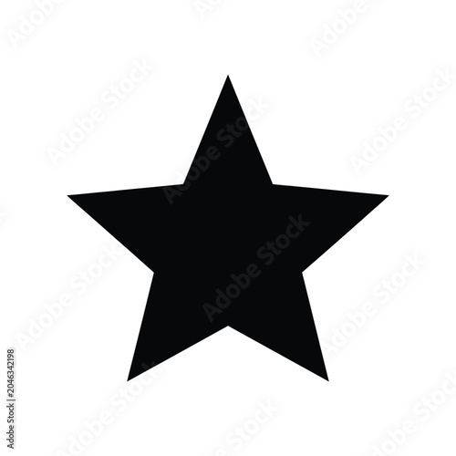 Solid black five-pointed star with sharp edges and symmetrical shape, isolated on a white background, representing success, rating, achievement, excellence, and celestial or decorative