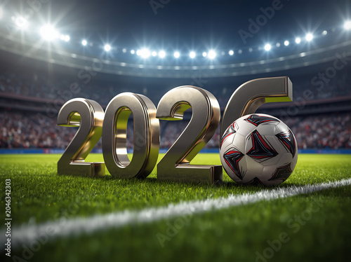 Soccer Ball on Stadium Field with 2023 Gold Numbers