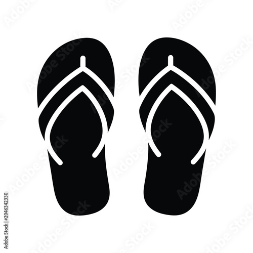 Pair of black flip flop sandals silhouette isolated on a white background, for summer footwear, and beach vacation, concepts, simple flat, symbol for travel, and holiday apparel themes
