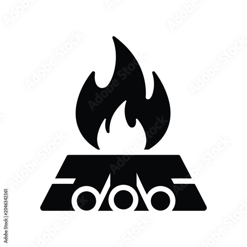 Black silhouette of a burning campfire with flames rising above stacked wooden logs, isolated on a white background, representing outdoor adventure, camping, survival, and nature exploration themes