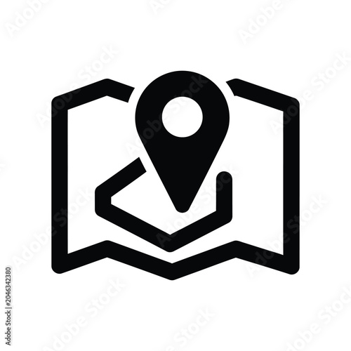 Black silhouette of an open paper map with a location pin marker placed on isolated on a white background, representing navigation, travel planning, geography, and destination tracking concepts