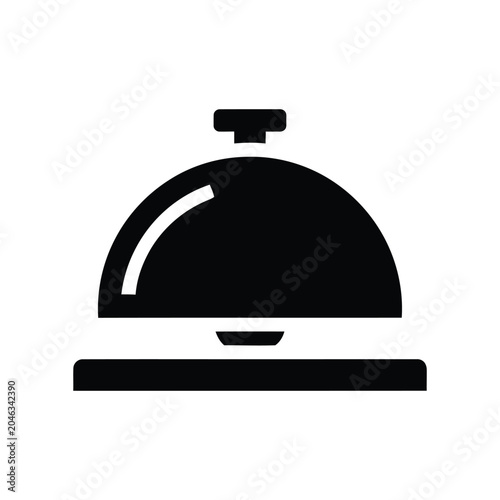 Black silhouette of a classic hotel service bell on a stand, isolated on a white background, representing hospitality, reception, concierge, customer service, and accommodation industry concepts