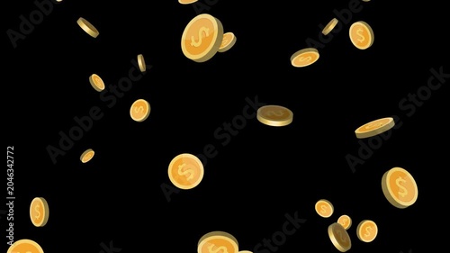 4K Animation of Golden coins falling down against on black background. dollar coins floating bright shiny money metal.