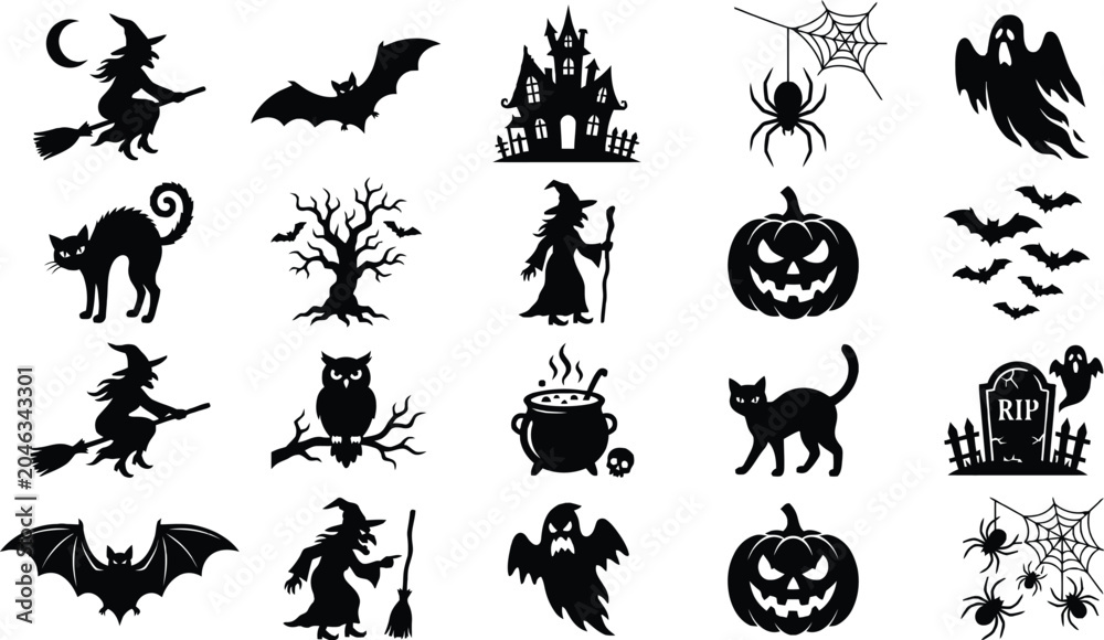 Fototapeta premium Halloween Silhouettes Witch Bat Spider Pumpkin And Haunted House Vector Collection