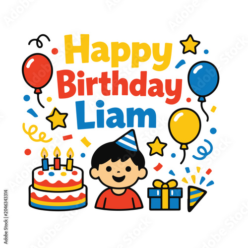 Happy birthday liam colorful festive vector illustration featuring a young boy with birthday cake presents and balloons presents
