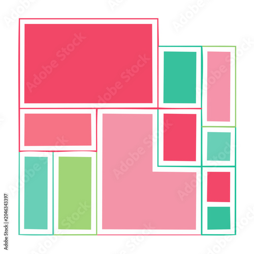Abstract geometric collage with pink, red, green, and teal shapes