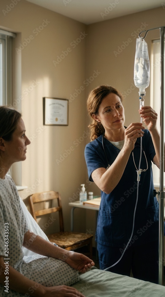 Fototapeta premium Nurse Attends Patient In Hospital Room With Intravenous Drip