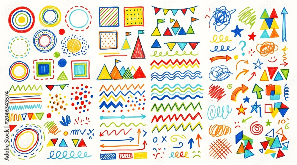 Obraz premium Colorful hand-drawn doodle elements collection with playful geometric shapes, symbols, and scribbles