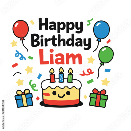 Happy birthday liam colorful greeting design with birthday cake and gift boxes vector illustration presents balloons celebration greeting