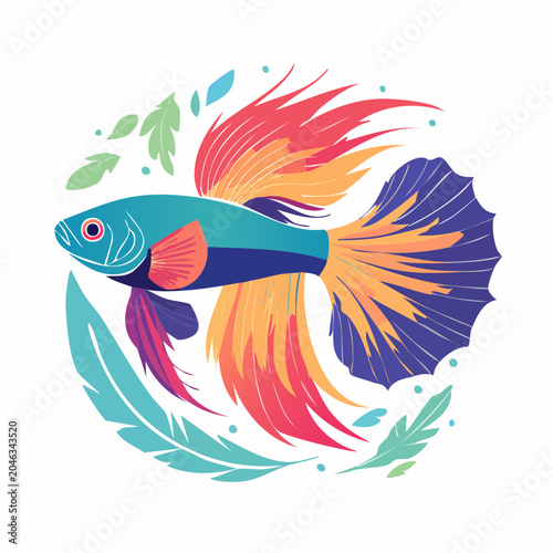 Colorful Betta Fish Illustration with Flowing Fins and Leaves