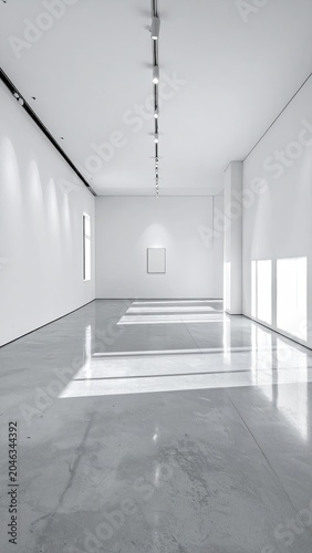 Modern Art Gallery Interior with Natural Light and Shadows.