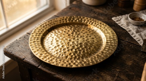 Hammered Brass Charger Plate with Ornate Pattern Resting on Rustic Wooden Surface with Soft Window Light
