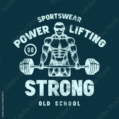 Emblem with powerlifter silhouette. Gym, workout, bodybuilding and athletic  theme. Graphic design with rough texture for t-shirt. Blue print on dark background