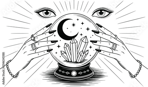 Quadro su tela Mystical line art illustration of fortune teller hands holding a crystal ball with crescent moon and stars, divine eyes watching