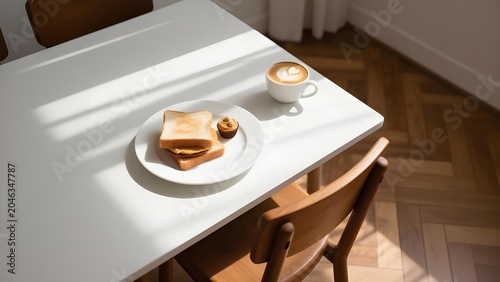 Minimalist Breakfast Setup with Toast and Latte on White Table.