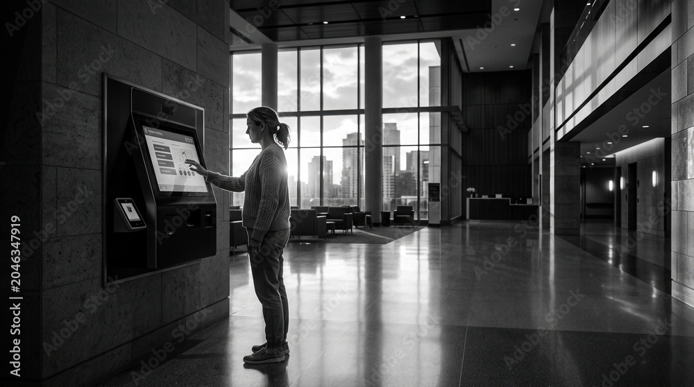 Fototapeta premium Modern Woman Interacting With Digital Kiosk In Contemporary Lobby