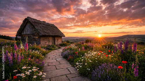 Rustic Countryside Cottage Surrounded By Colorful Wildflowers At Sunset