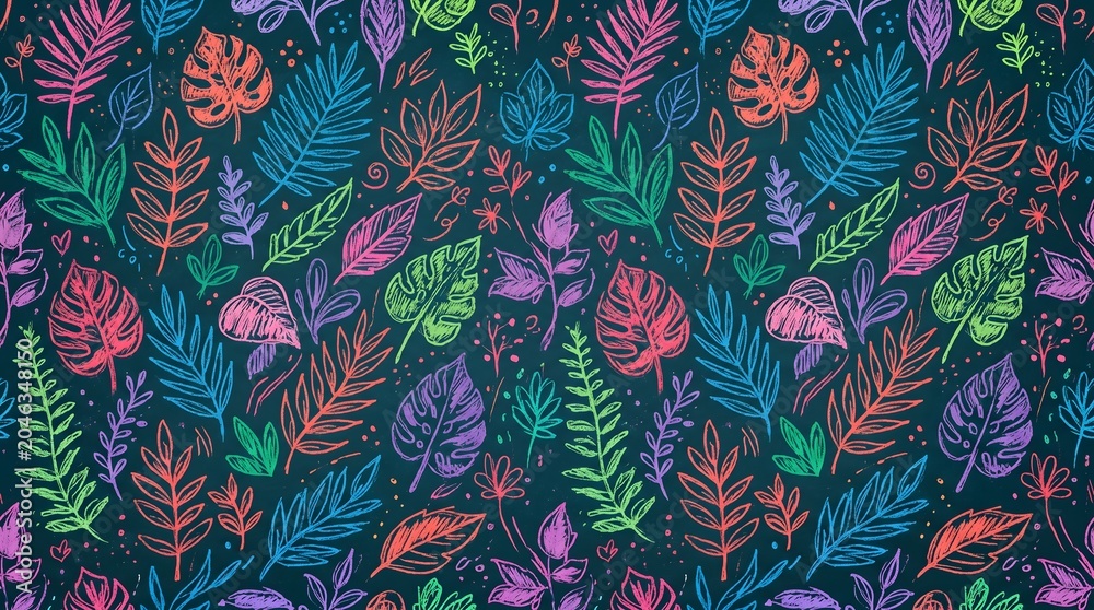 Fototapeta premium Seamless botanical leaf pattern with colorful hand-drawn foliage on dark background